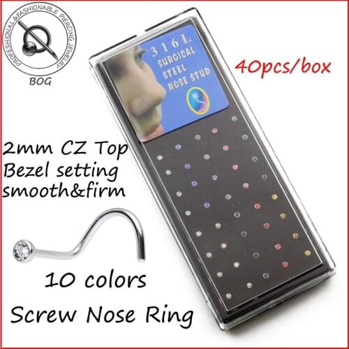 BOG-40piece 2mm CZ Bezel Setting Nose Piercing Ring Stud Nostril Screw Twist Curve 20 Gauge