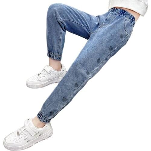 Jeans For Girls Heart Pattern Toddler Kids Trousers Spring Autumn Denim Pants For Children Casual Teenager Girls Jeans 6 8 10 12