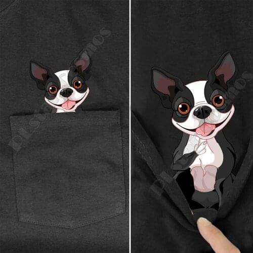 Boston Terrier Pocket Tee T Shirts summer printed t-shirt men for women tops black cotton funny Short sleeve Drop shipping
