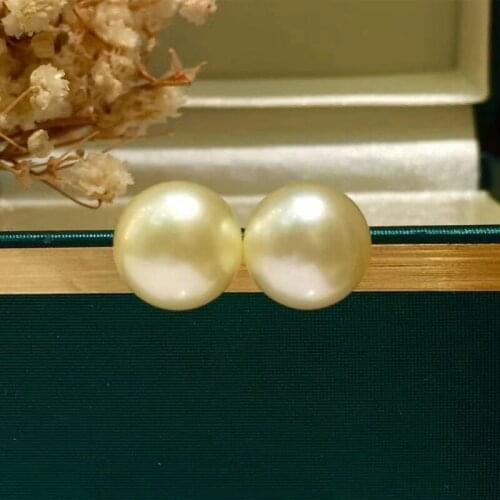 HENGSHENG New&Hot 18K Gold Stud Earring 10-11mm High Luster South Sea Round Golden Pearls For Women Classic Jewelry Gift