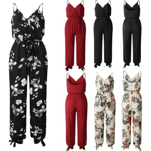 Hot Casual Women Sleeveless Loose Baggy Trousers Overalls Pants Solid Romper Jumpsuit Backless V-neck Womens Floral Clubwear