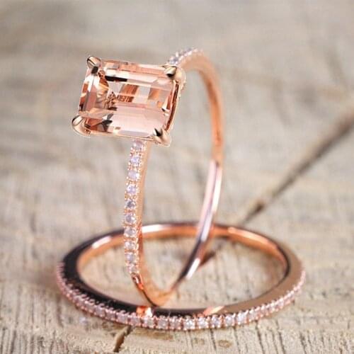 2Pcs Ring/Set Rose Gold Filled White Crystal Zircon Wedding Engagement Ring for Women