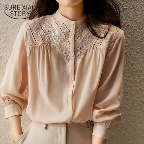 Summer 2021 New Hollow Out Embroidered Silk Sunscreen Shirt Elegant Pink Stand Collar Lace Stitching Blouse Blusas Femme 15040