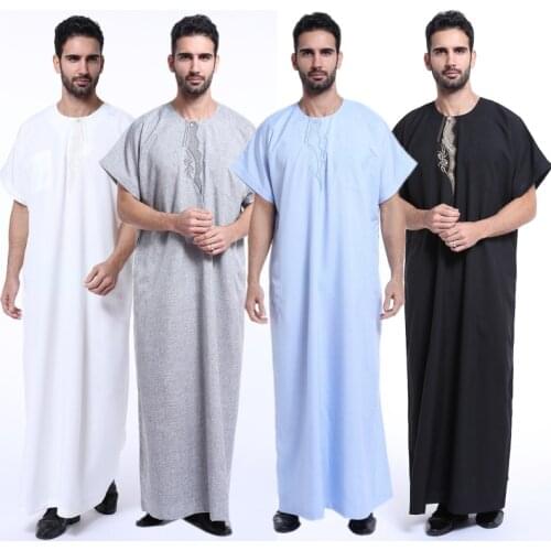 Muslim Men Embroidery Thobe Kaftan Islamic Eid Abaya Robe Daffah Dishdasha UAE Saudi Arab Jubba Dubai Middle East Ramadan Thoub