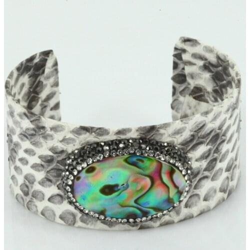 Natural Colorful Shell Snake Leather Bangle Pave Rhinestone Genuine Leather Big Bangle Cuff Snakeskin Fashion Jewelry
