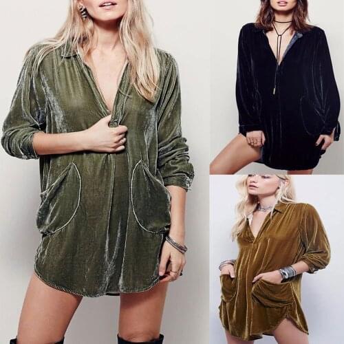 2020 Autumn New Coat Female Hot V-Neck Loose Long-Sleeved Pleuche Shirt Womens Fashion Green Blouse