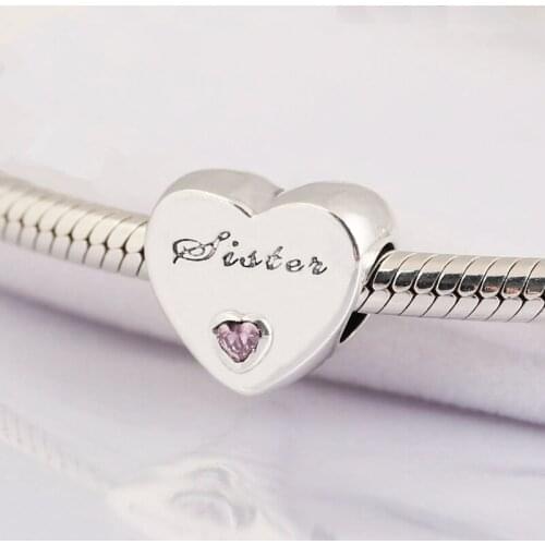 925 Sterling Silver Beads Letter Sister Crystal Heart Charms Fit Original pandora Bracelet Necklace For Women DIY Jewelry