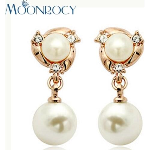 MOONROCY Free Shipping Fashion Jewelry Rose Gold Color Silver Color CZ Crystal Imitation Pearl Earrings for Women Wholesale