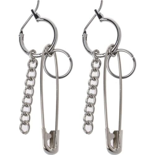 Safety Pin Shape Geometry Long Chain Tassel Irregular Earrings Korean Jewelry