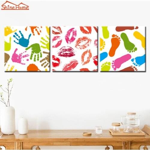 ShineHome-3pcs Modular Oil Painting Prints on Canvas Printed Color Abstract Lip Print Handprint Footprint Artwork Wall Picture