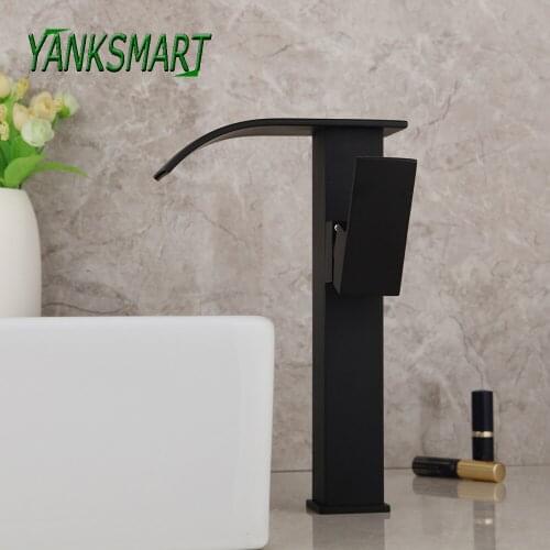 YANKSMART Modern Blacked Bathroom Basin Sink Faucets Single Handle Deck Mounted Faucet Cold & Hot Water Mixer Tap Waterfall Tap