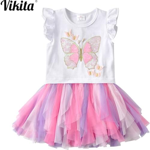 VIKITA Summer Girls Dress Butterfly Embroidery Kids Flare Sleeve Dresses Girls Princess Tutu Dress Children Casual Vestidos