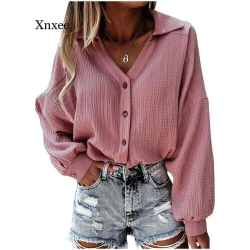 2021 Long Womens Shirt Pure Cotton V-Neck Casual Lantern Sleeve Pure Color Shirt Autumn New Style Button Elegant Fashion Top