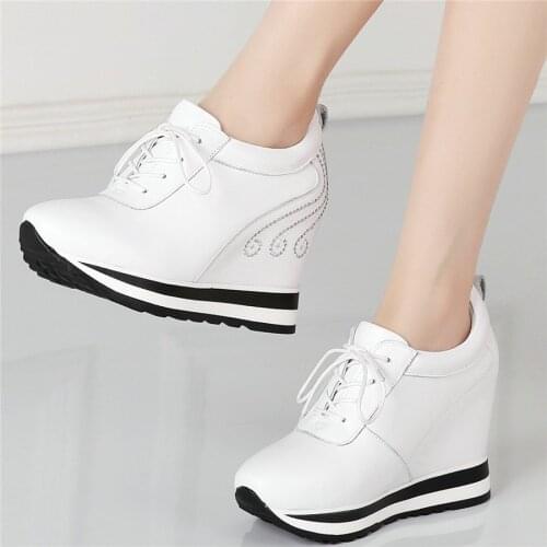 Trainers Women Lace Up Genuine Leather Platform Wedges High Heel Vulcanized Shoes Female Round Toe Fashion Sneakers Casual Shoes
