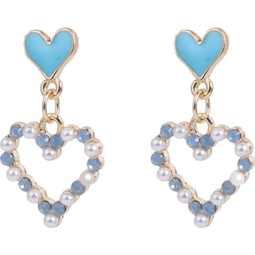 Fashion Female Heart-shaped Pearl Earrings Lovely Romantic Girl Pink Blue Stud Earring Accessories Elegant Ladies Jewelry Gift