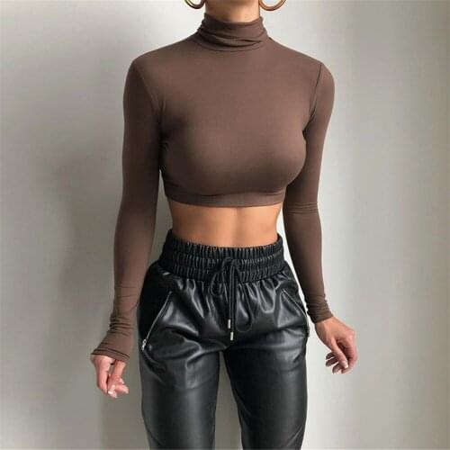 3 Color Spring Women Slim Fit Crop Tops All-Match Casual High-Neck T-shirt Sexy Long Sleeve High Waist 2021 Fall Ladies Clothes