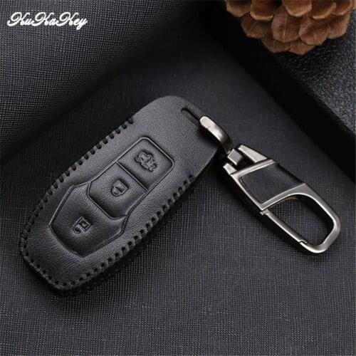 Black Leather Car Key Case Cover with Key Holder For Ford Mondeo 2.0T Mustang 2015 Edge 3 Button Remote Key Protecter Shell