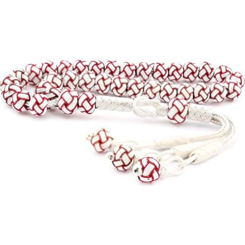 925 Sterling Silver Handmade Rosary with Red White Knitted Kazaz Design