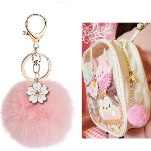 Anim Backpack Keychain Faux Fur Ball Keyring Pendant Sakura Hanger for Bags Candy Colors Fur Snow BallsIta Bag Accessories H312