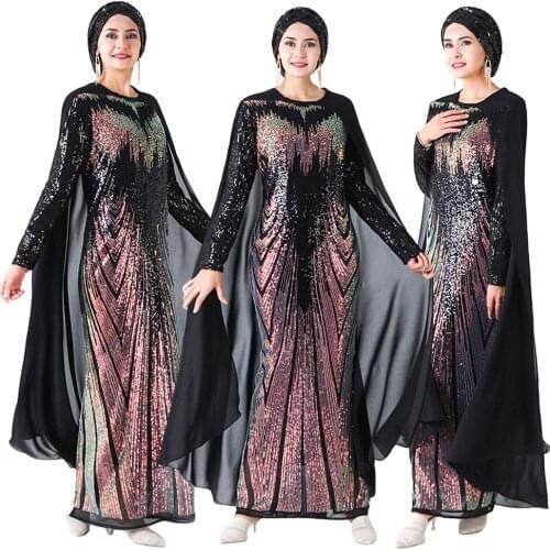 Sequin Cape Women Abaya Long Maxi Dress Party Cocktail Gown Muslim Dubai Arab Cloak Robe Islamic Kaftan Jilbab Clothing Fashion
