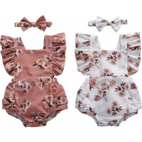 Summer Baby Casual Romper Set Girl Cotton Infant Backless Flare Sleeve Bodysuit+Bowknot Headband