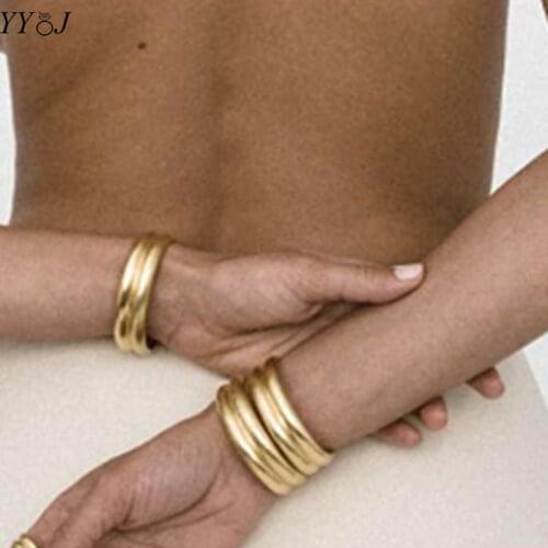 Double curved layered wide gold open cuff bangle bracelet for women stainless steel thick hyperbole minimalist bangle fashion