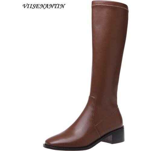 Korean Version of The Square Toe Thick Heel Stitching Stitching Boots Knee-length Stretch Thin Boots Side Zipper High Boots
