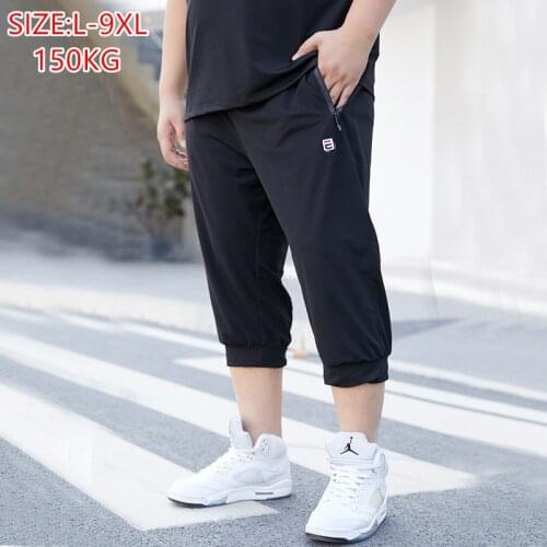 Summer Men 8XL 9XL Cropped Capri Sweatpants Sweat Shorts Black Sport Loose Ice Silk Mesh Plus Size 6XL Casual Joggers Trousers