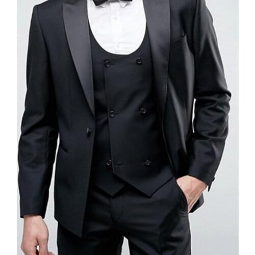 3 Piece Black Slim Fit Men Suits for Prom Party Peaked Lapel Wedding Groom Tuxedos Man Suit Fashion Jacket Pants Vest