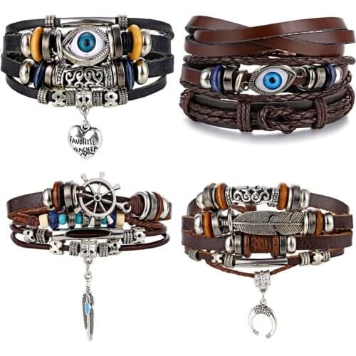 Vienkim Fashion Heart Eye Leaf Leather Charm Bracelets Set For Men New Design Wristband Multiple Bracelet Bangles Party Jewelry