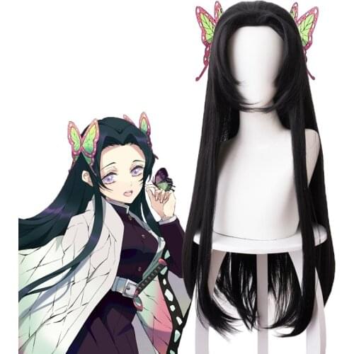 Kochou Kanae Wig Anime Demon Slayer Kimetsu no Yaiba Cosplay Synthetic Black Long Hair Butterfly Headwear Halloween Cos Props