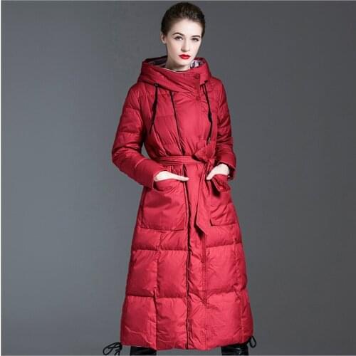 Womens Long Hooded Waist Down Jacket Red Black Color Coats Fashion Mid-Long Ladies Winter Jackets Warm Outwear Female Overcoat