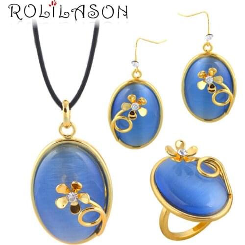 ROLILASON High Quality Blue Zircon Gold Tone Sets Earring /Necklace/Pendant/ Rings Fashion Jewelry for Lover JS688