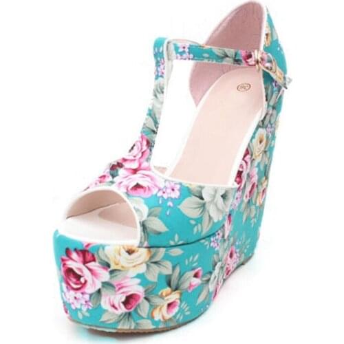 Floral Print Wedges Sandals Women Bohemia Platform Sandals Peep Toe Summer Shoes 15cm High Heels Shoes Woman XKD4276