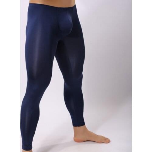 Sexy Mens Sleep Bottoms Ice Silk Ultra-thin Transparent Leggings Pants Penis Pouch Long Johns Lounge Pants Sleepwear Plus Size