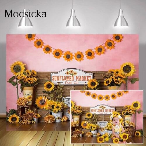 Sunflower Market Backdrop Newborn Sunflowers Portrait Background Children Birthday Cake Smash Photography Pink Wall Rustic Wood