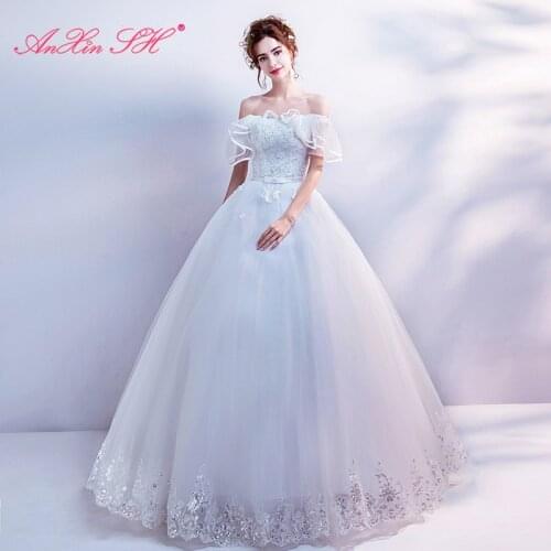 AXJFU Princess boat neck wedding dress vintage white ruffles bow lace up wedding dress luxury turkey wedding dress 2083