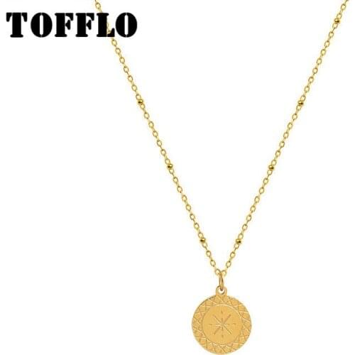 TOFFLO Stainless Steel Jewelry Round Pattern Carving Pendant Necklace Simple Fashion Clavicle Chain For Women BSP881