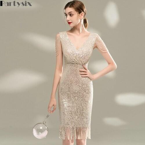 Partysix New Gold Cocktail Dresses Knee Length V Neck Sheath Sequined Bling Sparkly Tassel Graduation Prom Formal Party Gowns