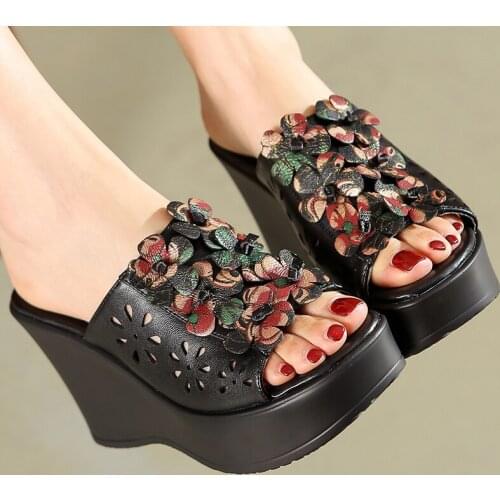 2021 Summer Woman Shoes Platform Slippers Wedge Genuine Leather Women High Heel Slippers for Women Retro Sandals Female Shoes