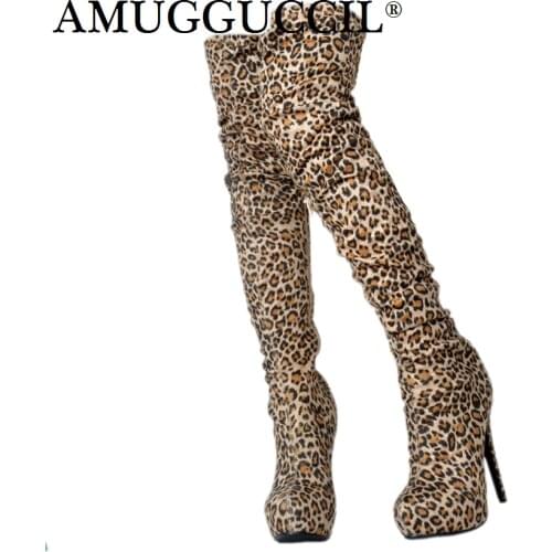 Customize Plus Big Size 34-52 Leopard print Platform Over The Knee Thigh High Heel Autumn Winter Female Lady Womens Boots X1735