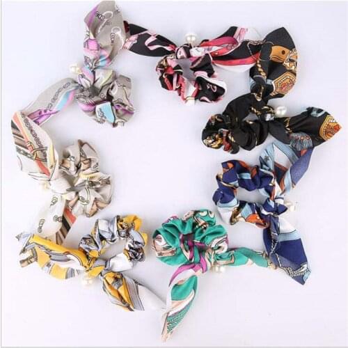 Women Chiffon Bowknot Silk Hair Scrunchies Women Pearl Ponytail Holder Hair Tie Hair Rope Rubber Bands Hair Accessories