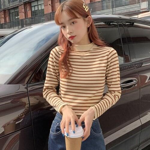 Womens Tops Fashion Striped Turtleneck T shirt Korean Style Knit Slim Long-sleeved Causal Tee Shirt Tops