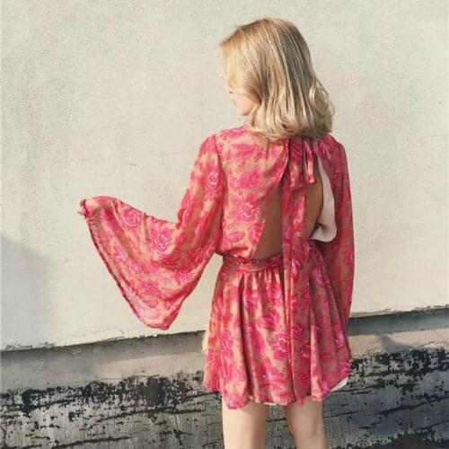 2021 New Summer Fashion Wild Stand Collar Large Floral Bow Tie Belt Jumpsuit Horn Sleeve Printed Halter Female Short Jumpsuit