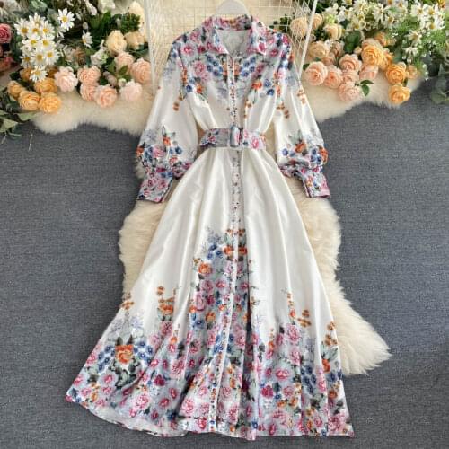 Womens 2020 New Fashion Printing Buckle Waistband High Waist Slimming Elegant Dress Lady Long Sleeve Vintage Vestidos M918