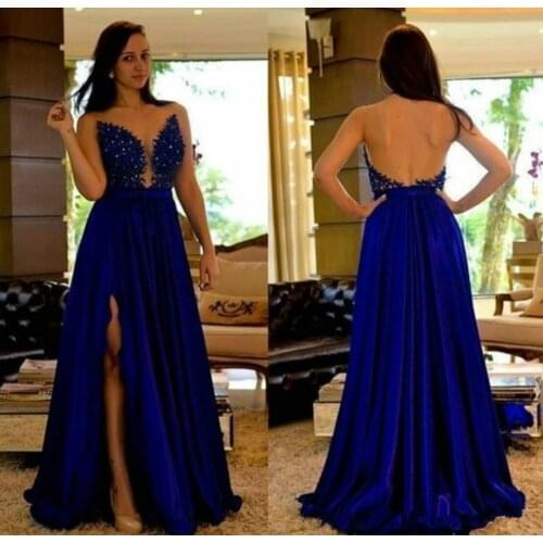Royal Blue A Line Evening Dresses A Line Crystal Appliques Split Sexy Prom Dress New Vintage Formal Gowns Robe De Soiree Vestido