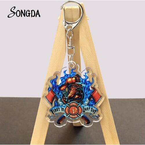 Firefighter Symbol Acrylic Keychains Fire Dept Sign Key Chain Holder For Key Car Bag Charms Keyrings Unisex Jewelry Accessories