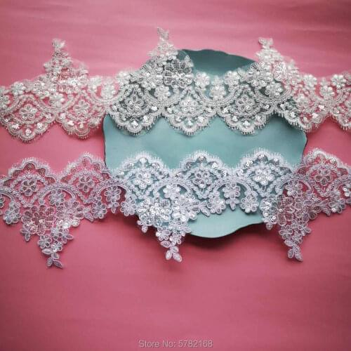 1Yard/13cm White/Ivory Cording Fabric Sequins Flower Venise Venice Mesh Lace Trim Applique Sewing Craft for Wedding Dec