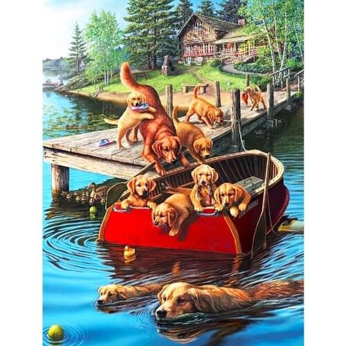 AMY-Dog 5D Animal Embroidery Square / Round Diamond Lake View Diamond Painting Wall Decoration Painting DIYXN1490