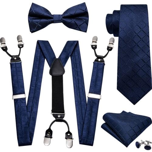 Navy Nolvety Pre-Bow Tie Silk Ties For Men Suspenders Handkerchief Cufflink Set Barry.Wang Fahsion Designer Wedding Gift S-2008